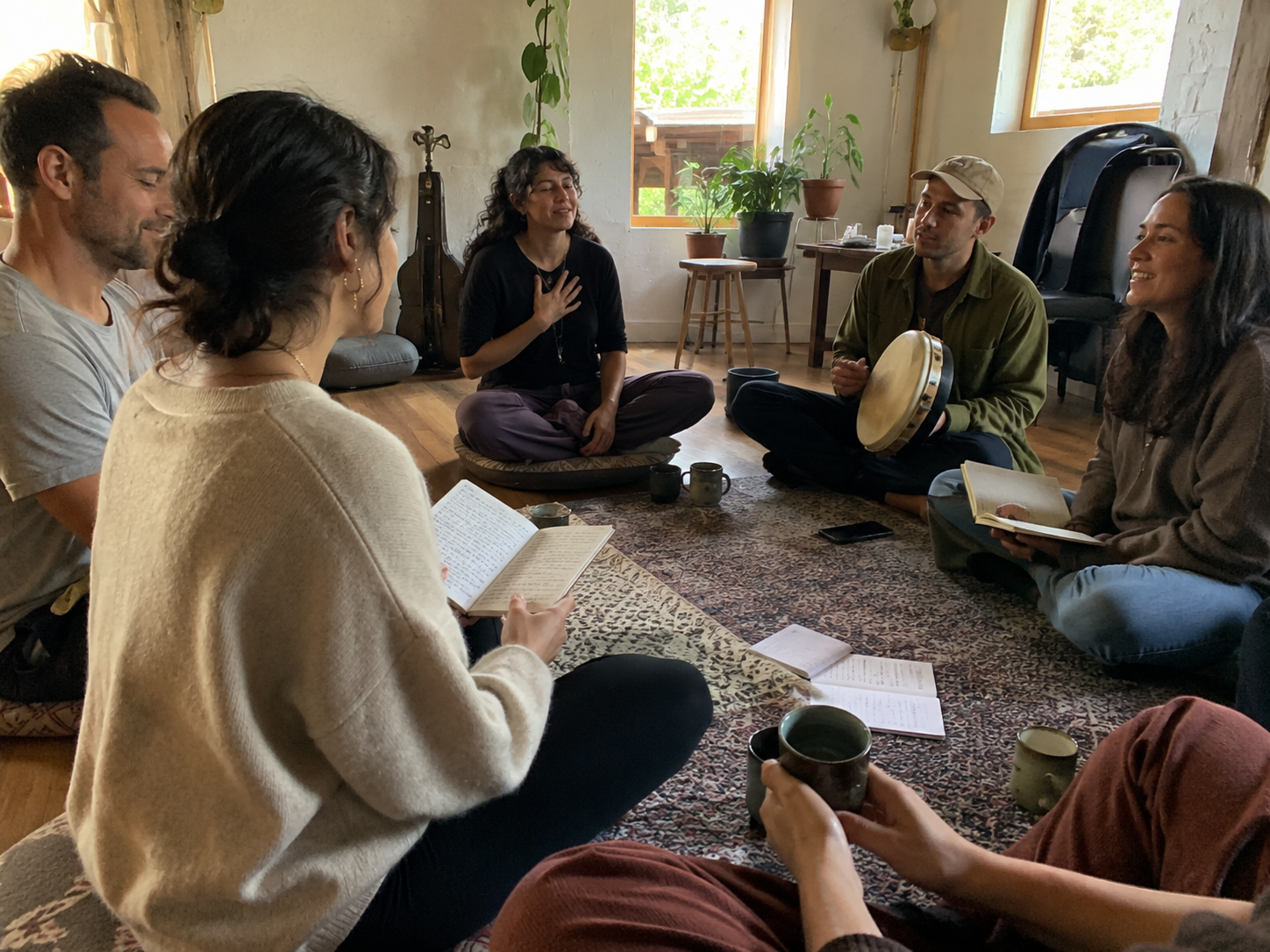 A small group exploring voice, rhythm, and journaling together