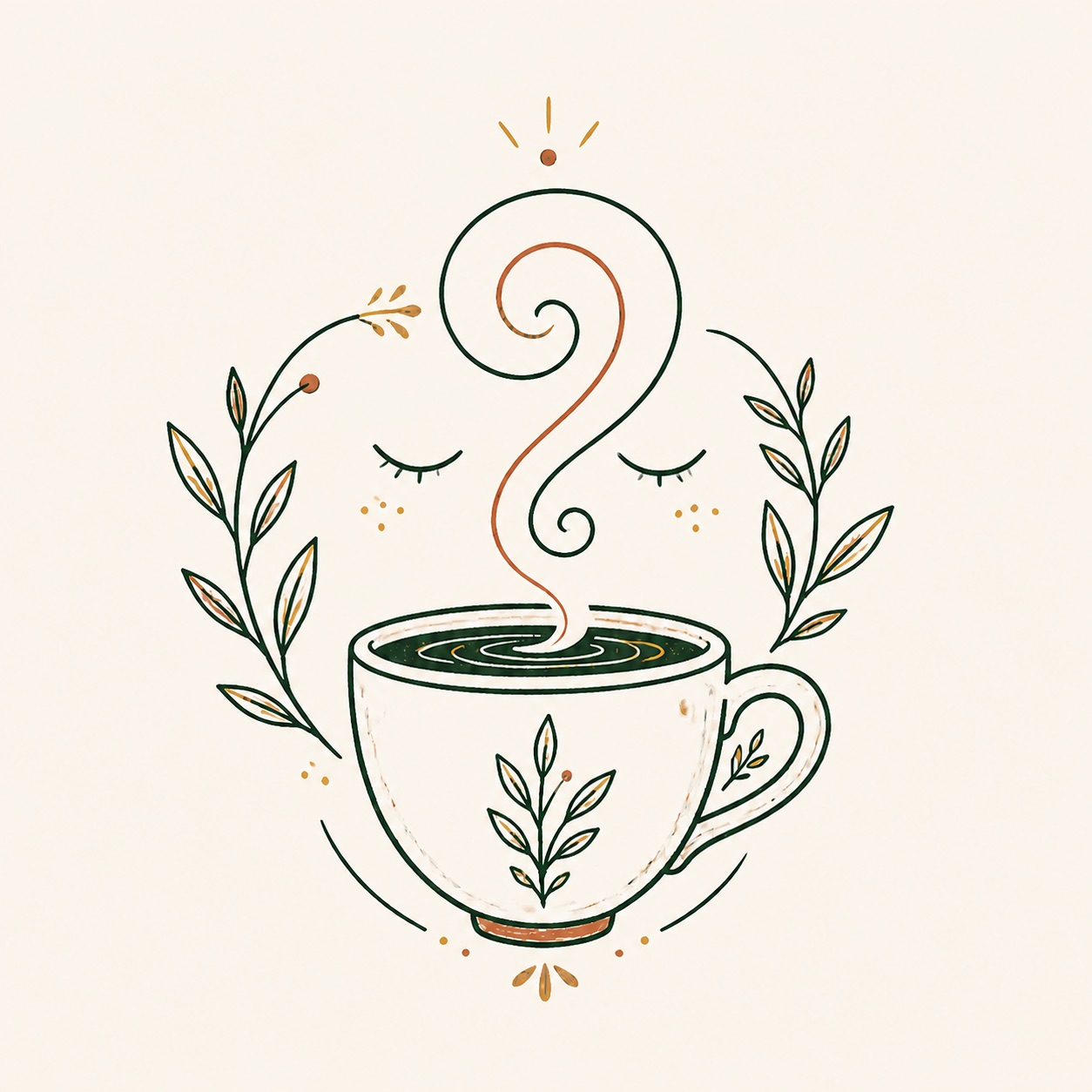 Line illustration of a mindful face rising from a steaming coffee cup
