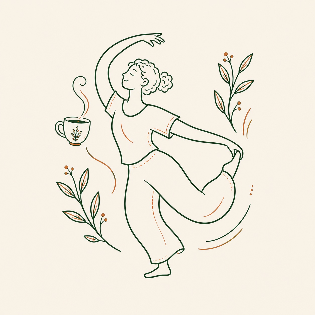 Line illustration of a person moving joyfully beside a coffee cup