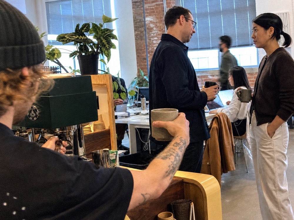 A mobile espresso service inside a creative office