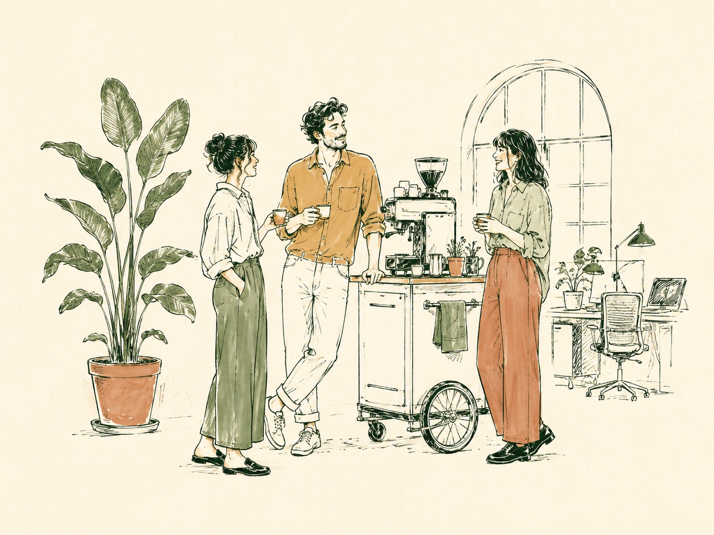 Pen-and-wash illustration of coworkers connecting over a coffee break