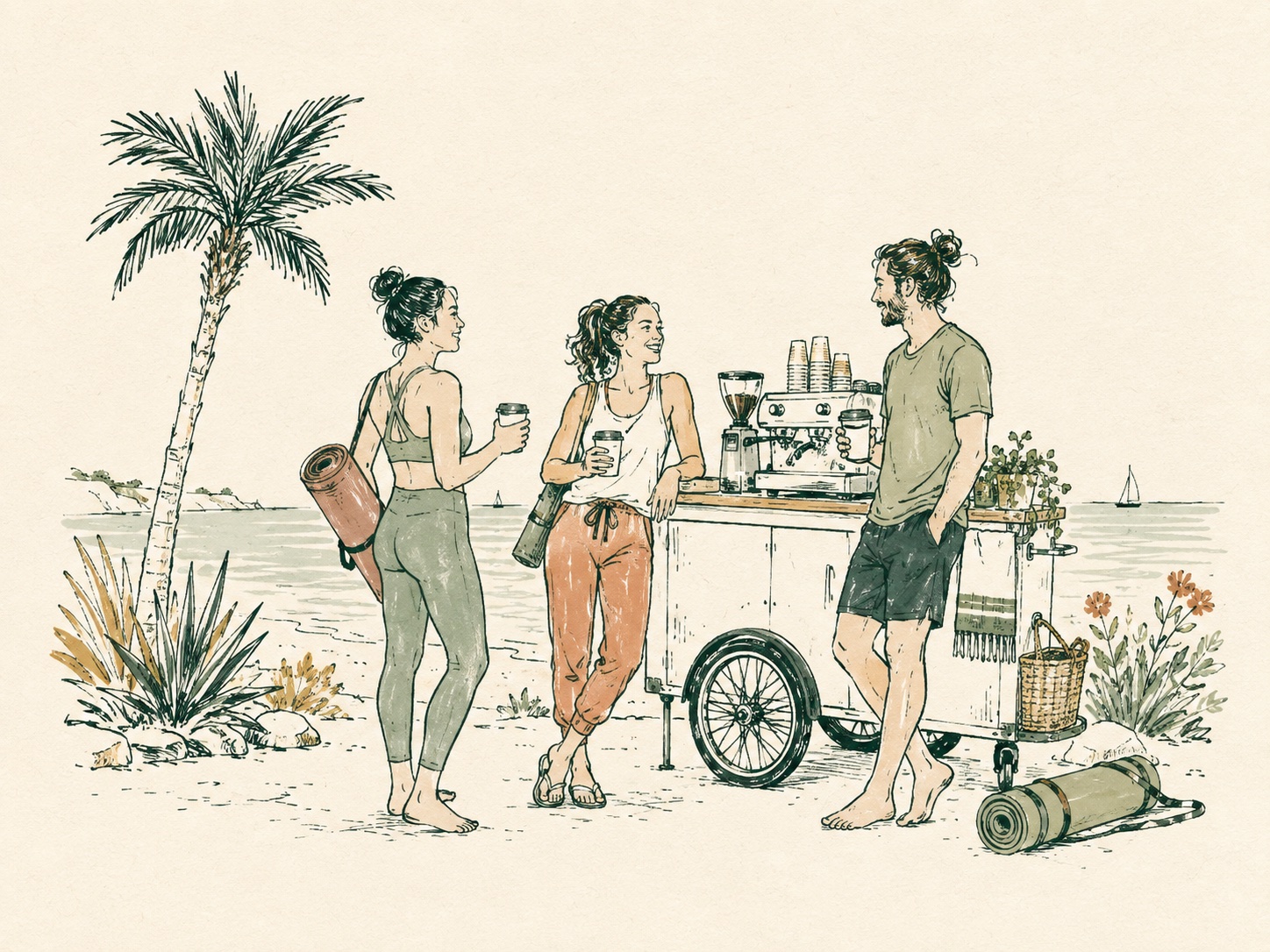 Pen-and-wash illustration of friends enjoying coffee after coastal yoga